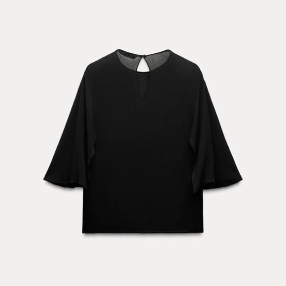 ZARA ZW Collection Black Flowing Cape Sleeve Lightweight Chic Blouse Top Sz L - Picture 3 of 11